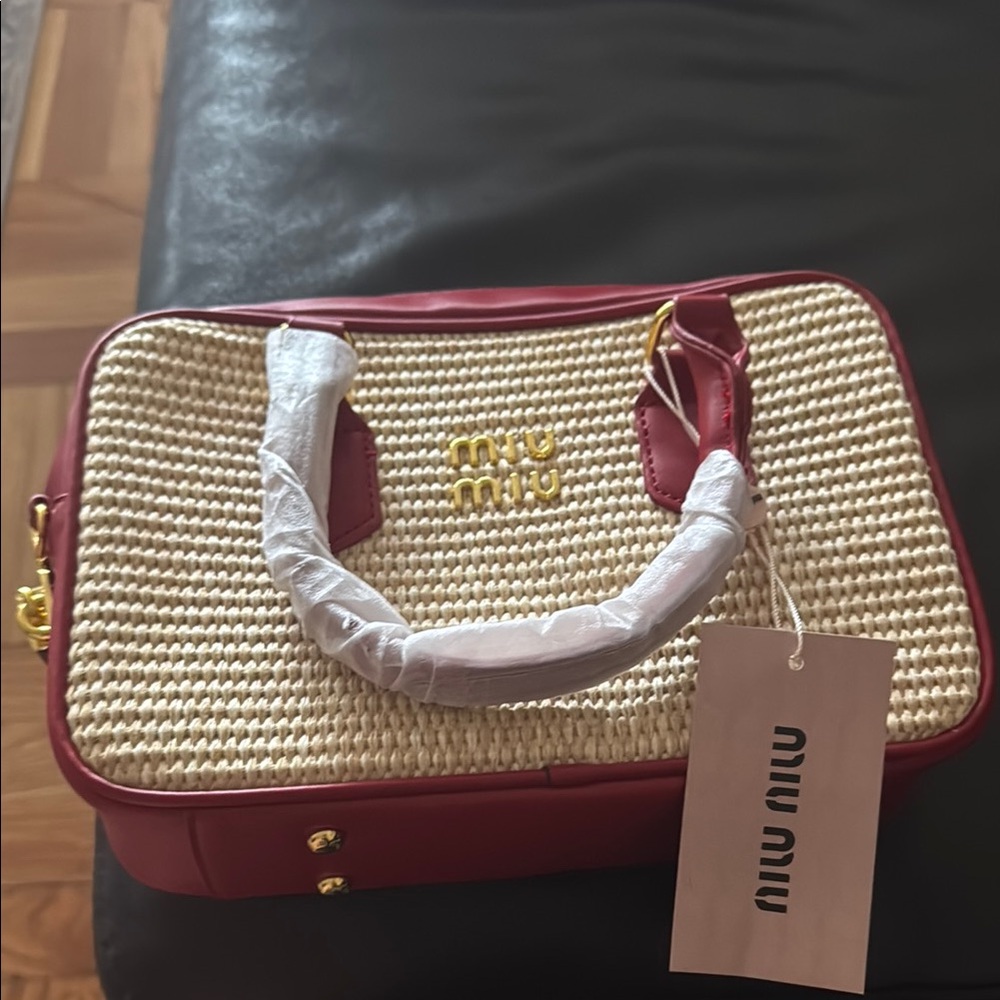 Miu Miu Red and Tan Satchel with Gold Hardware